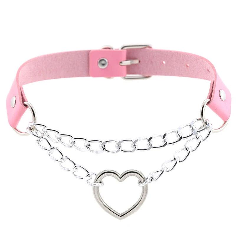 Leather Choker Heart Collar and Leash with Chains Bdsm Choker Submissive Collar for Female Fetishists BDSM Sex Leash Punk Goth