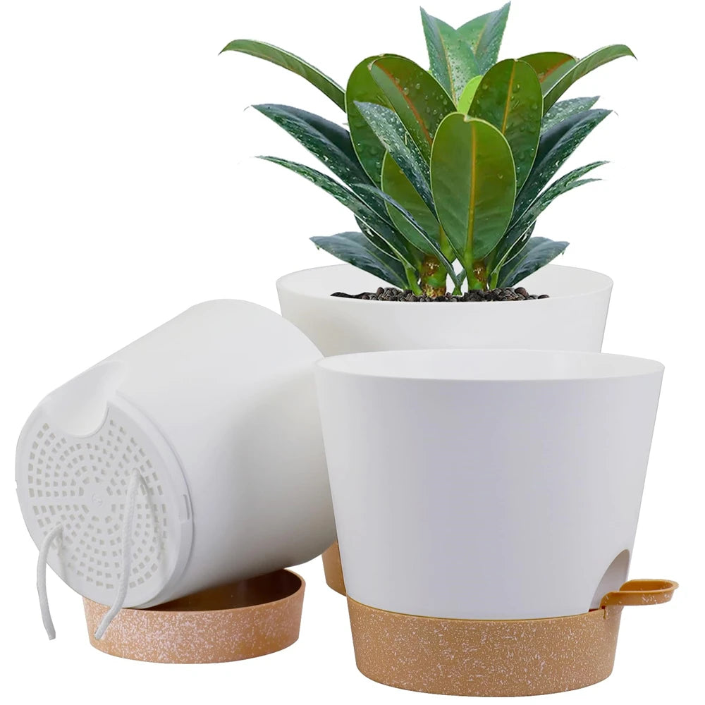 Set of 3 10/9/8 inch Self Watering Plant Pot Plastic with Drainage Holes Deep Reservoir for Indoor Outdoor Plants and Flowers
