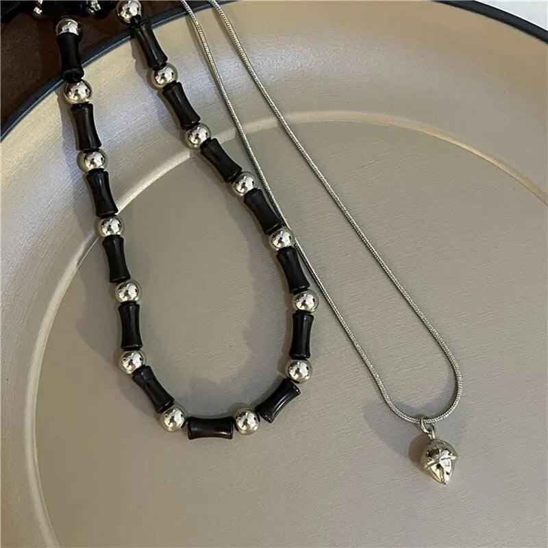 2 Pcs Vintage Peace Buckle Pendant Necklaces Natural Stone Beads Chains Choker Necklace Set Women Men Chinese Style Jewelry