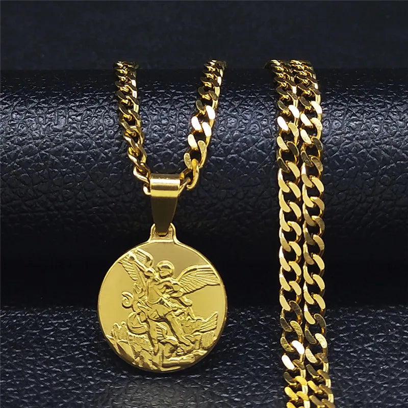 Archangel Saint Michael Stainless Steel Chain Necklace for Women/Men Gold Color Pendant Necklaces Jewelry colier homme NK62S02