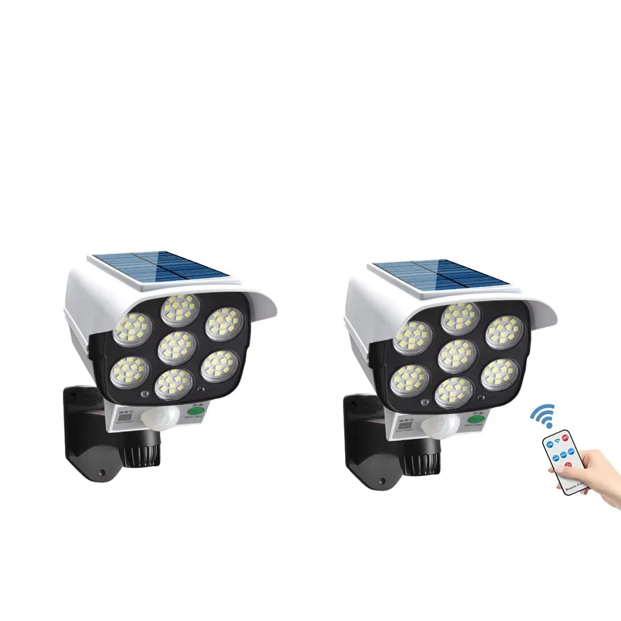 77LED Solar Light with Remote Control 3 Lighting Modes Dummy Camera Waterproof Spotlight Garage Courtyard Security Street Light