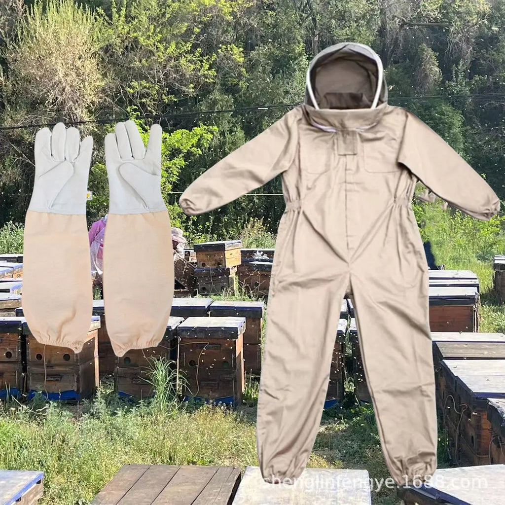 Beekeeping Equipment Thickened Apricot Space Suit One-piece Split Bee Suit White Space Suit and Sheepskin Gloves Set