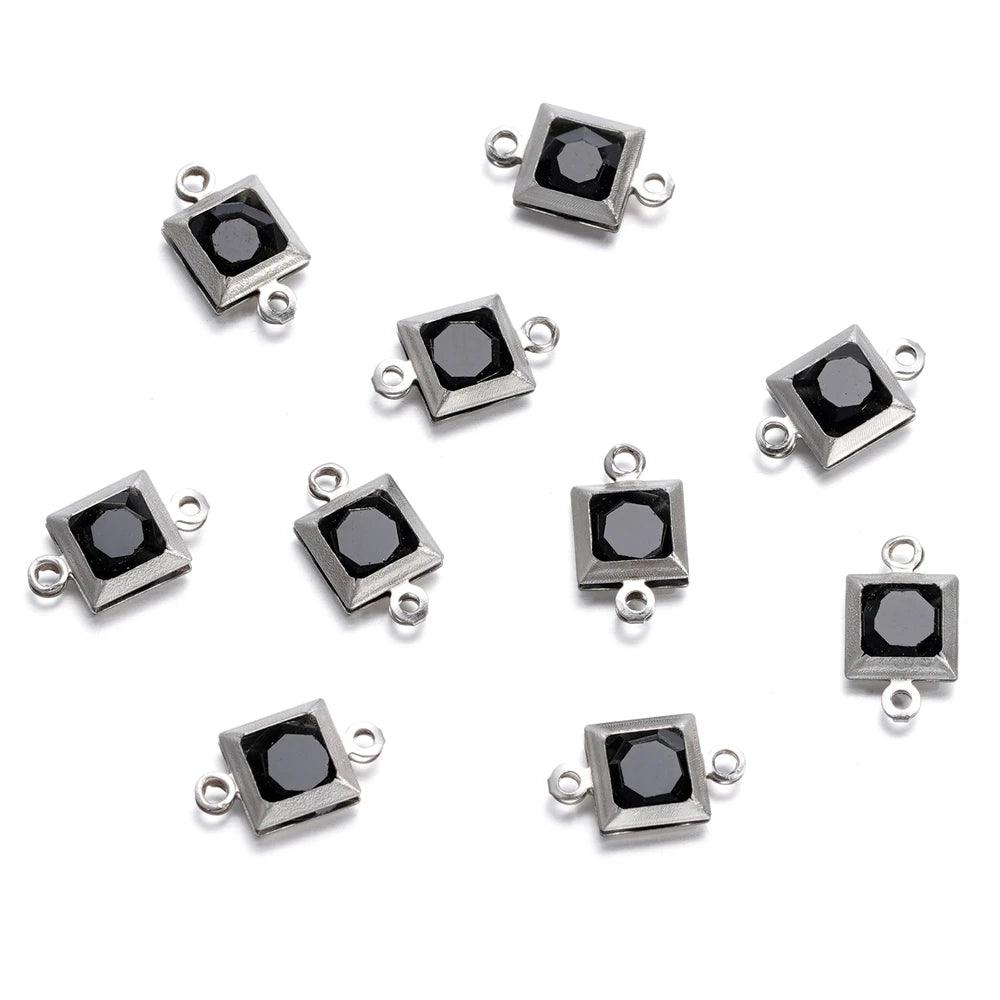 10pcs Stainless Steel Double Holes Square with Rhinestones Bracelet Necklace Pendant Connectors for DIY Jewelry Making Supplies
