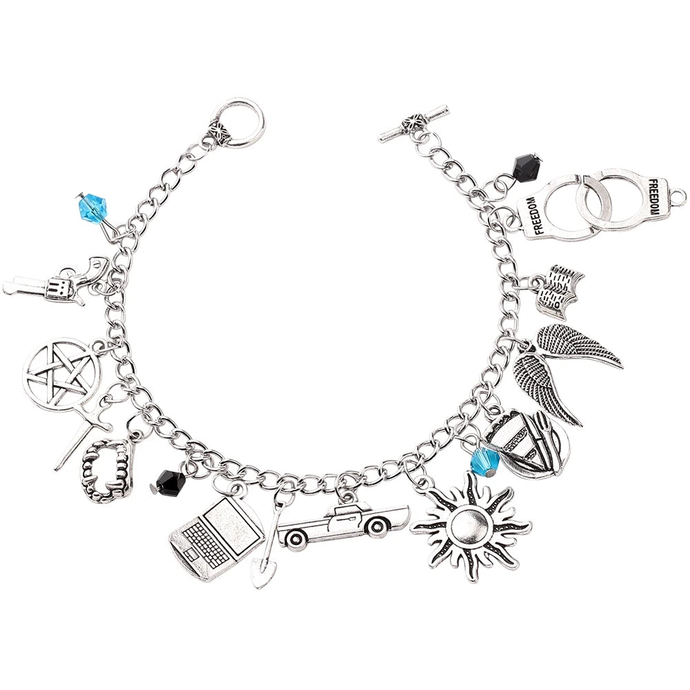 TV Supernatural Inspired Bracelet Gun Star Handcuff Sword Pendant Charm Lobster Clasp Bangle Jewelry