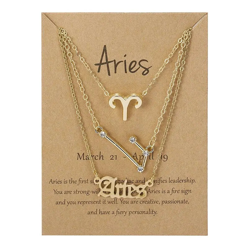 3Pcs 12 Zodiac Sign Necklace Set For Women Constellation Pendant Gold Silver Color Chain Female Birthday Jewelry With Cardboard