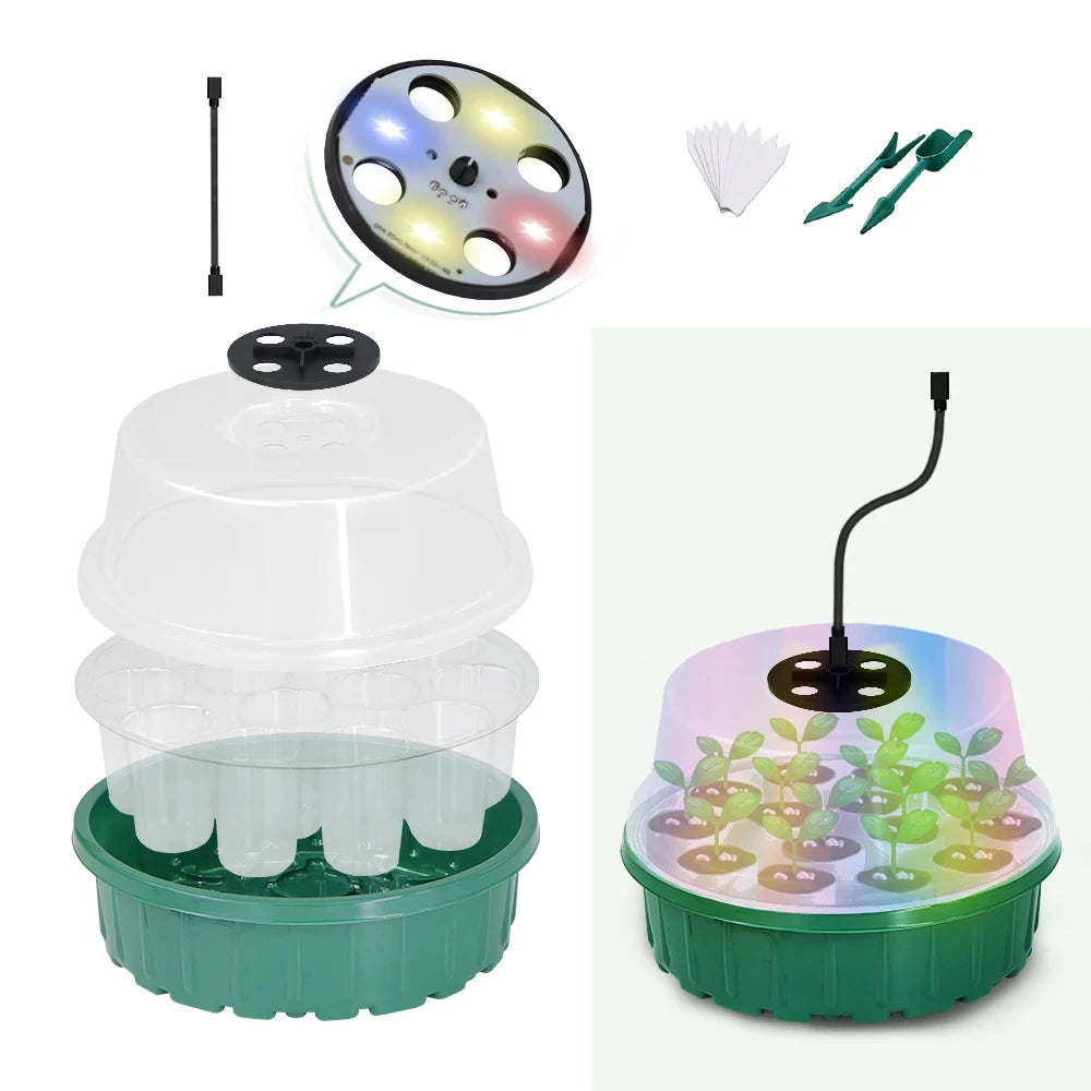 Greenhouse LED Lights Round Transparent Nursery Box kit 14 Cells Seedlings Germination Container A Growing Tool for Seedlings