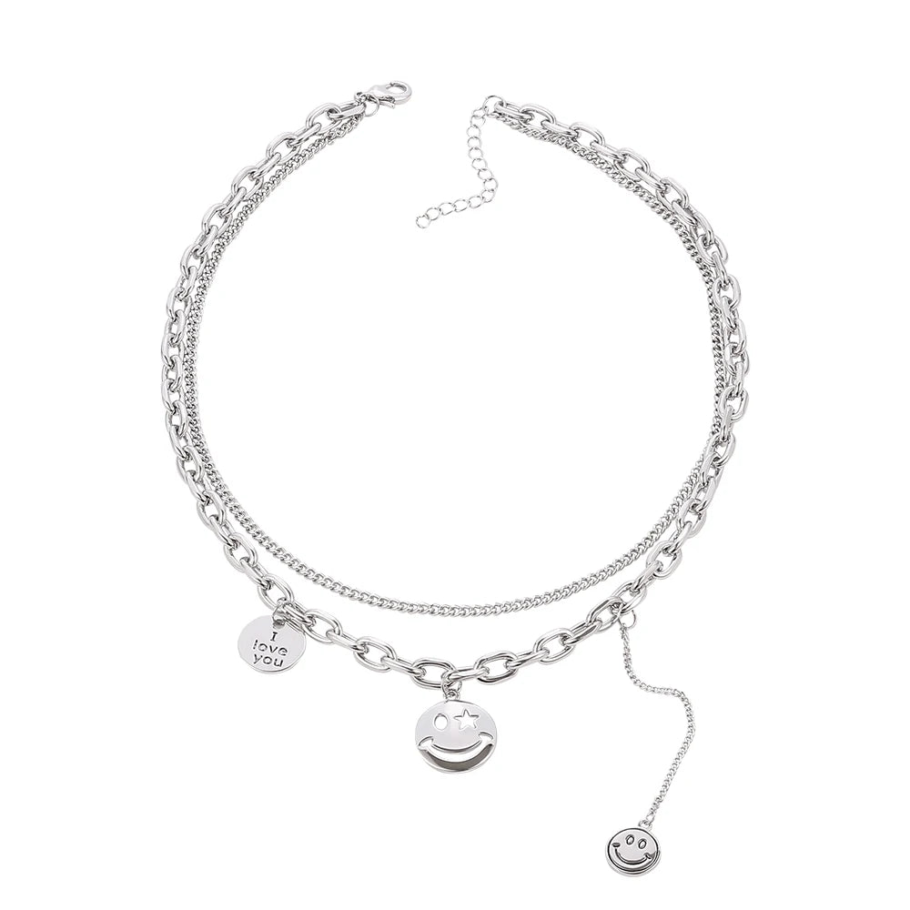 Face Necklace for Women Fashion Personality Double Layer Pendant Necklaces Sweater Chain Jewelry Trendy girls