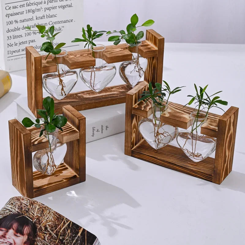 1pc Transparent Glass Vase With Wooden Frame, Heart-shaped Glass Vase For Hydroponic Plant Propagation, Air Plant Vase For Home