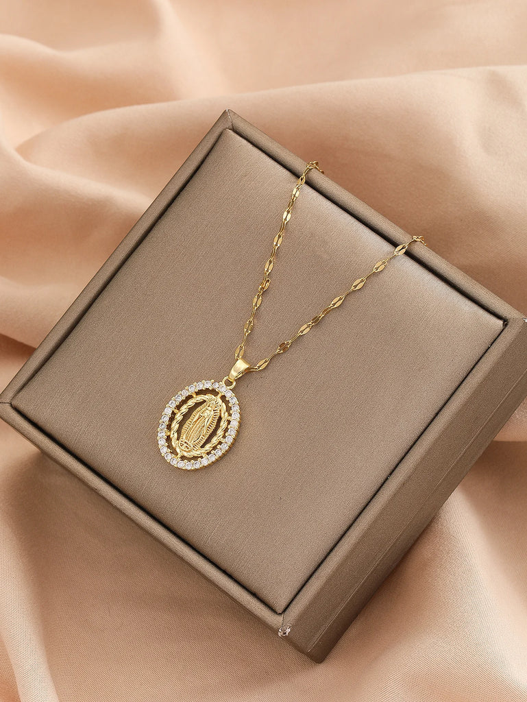European and American fashion minimalist men and women's micro inlaid zirconium Virgin Mary hollowed out circular necklace