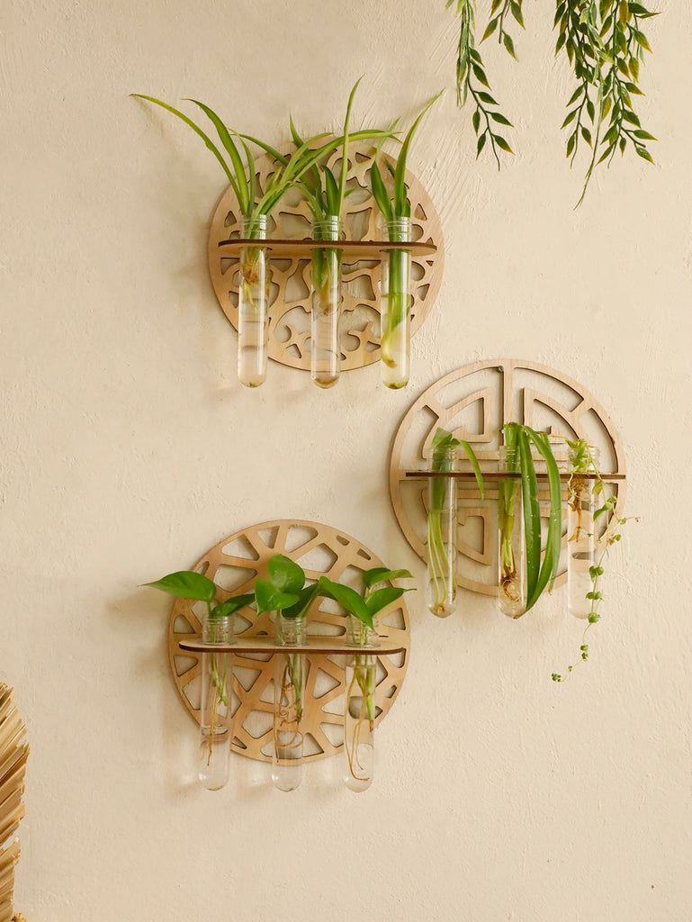 Plant Propagation Flowerpot With 3 Tubes，Wall Mounted Wooden Propagation Vase rack，Country Rustic Hanging Test Tube Plant Holder