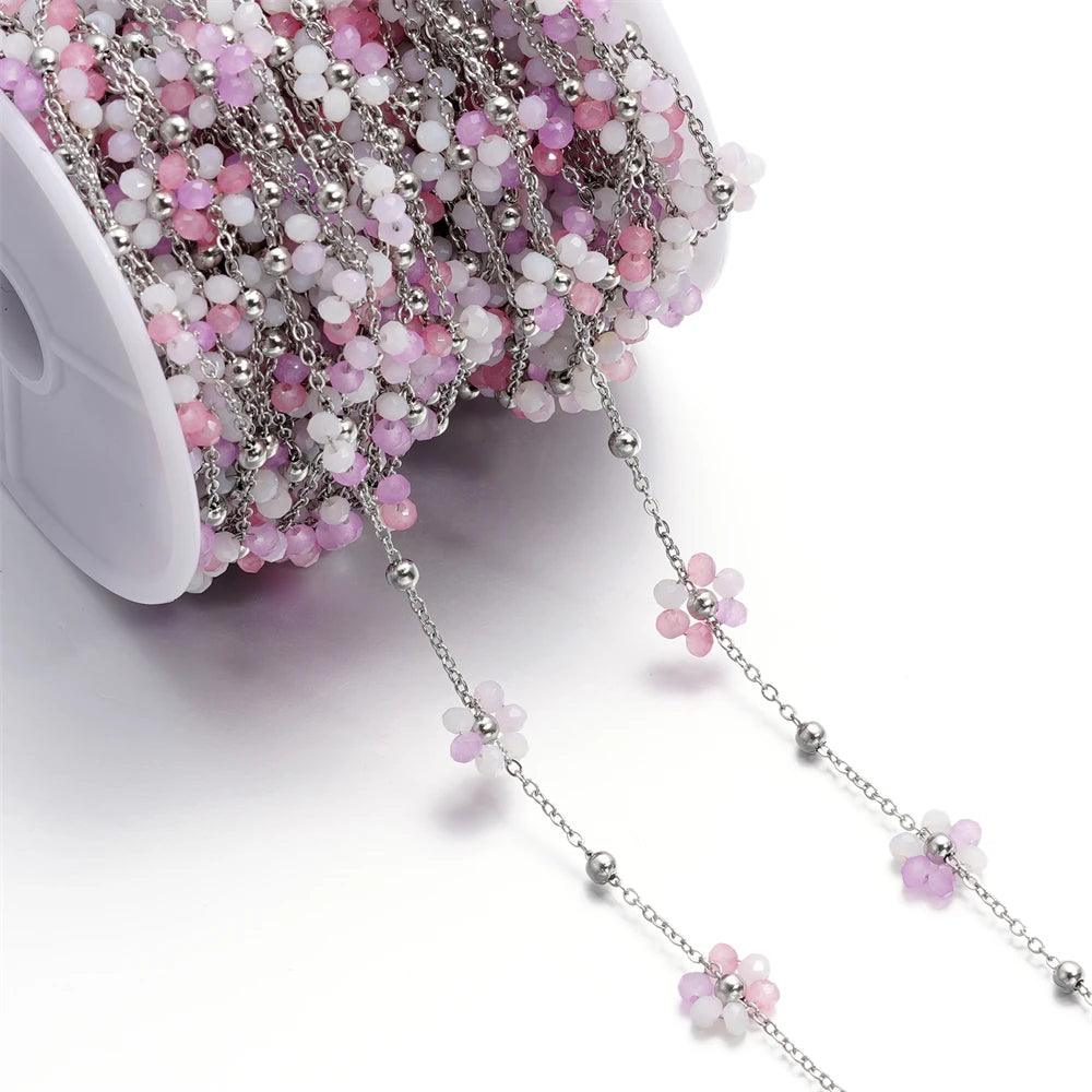 1Meter Stainless Steel Pink Crystal Flower Natural Stone Beads Gold/Steel Color Chains for Necklace Bracelet DIY Jewelry Making