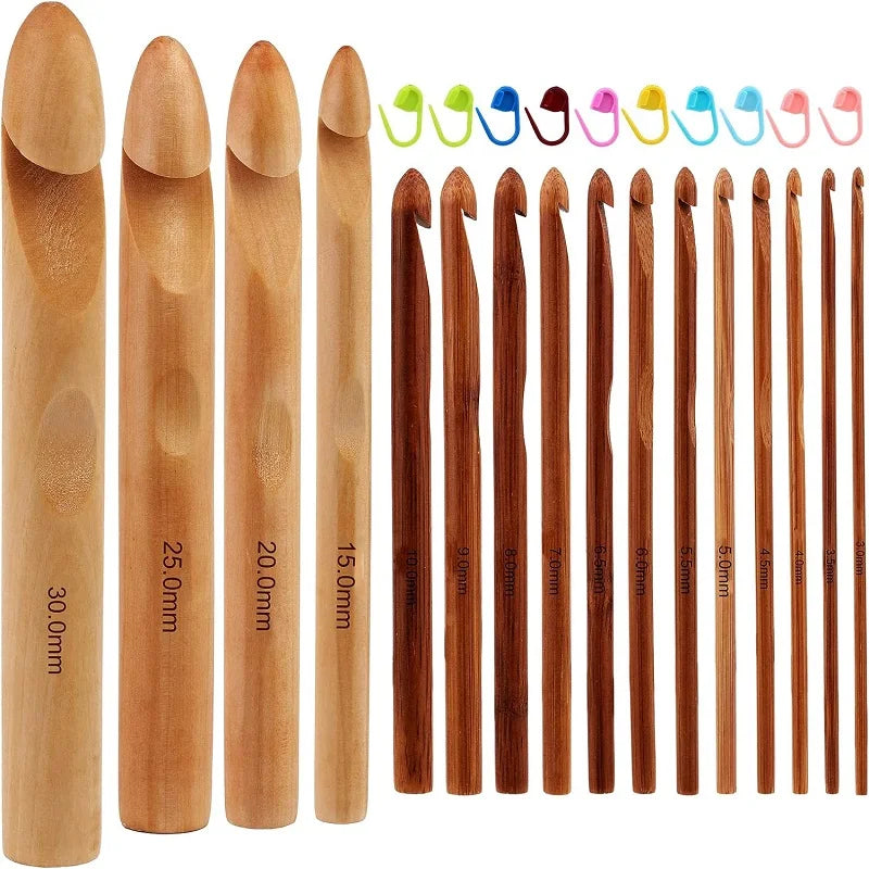 16Pcs Wooden Crochet Hooks 3 to 30mm in Diameters Handle Crochet Kit Knitting Needles with 10pcs Stitch Markers for Crochet DIY