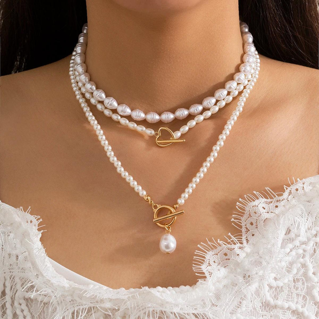 Ingemark Multilayer Imitation Pearl OT Buckle Pendant Necklace Women Wed Bridal Goth Bead Chain Y2K Accessories Neck Jewelry