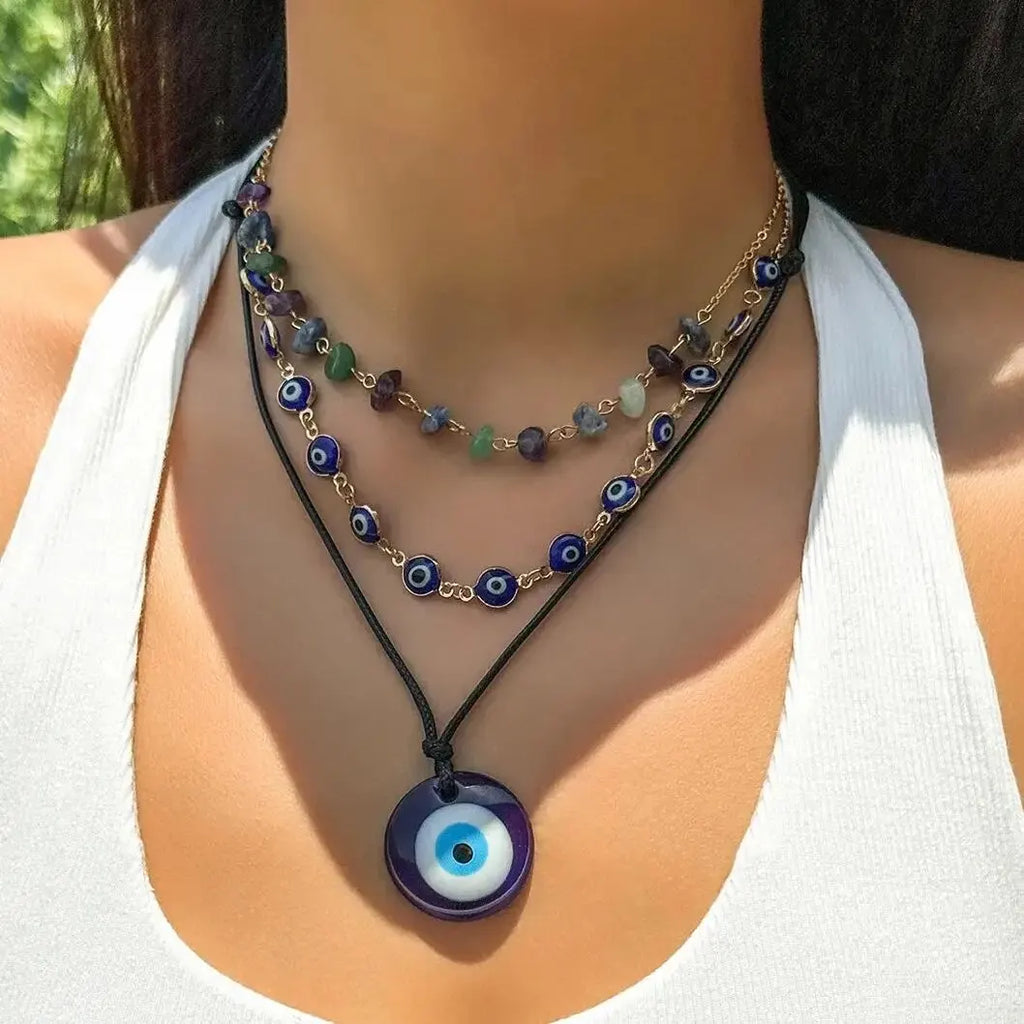 3Pcs Boho Creative Blue Turkish Lucky Evil Eye Pendant Choker Necklace for Women Irregular Bead Chain Y2K Jewelry Accessories