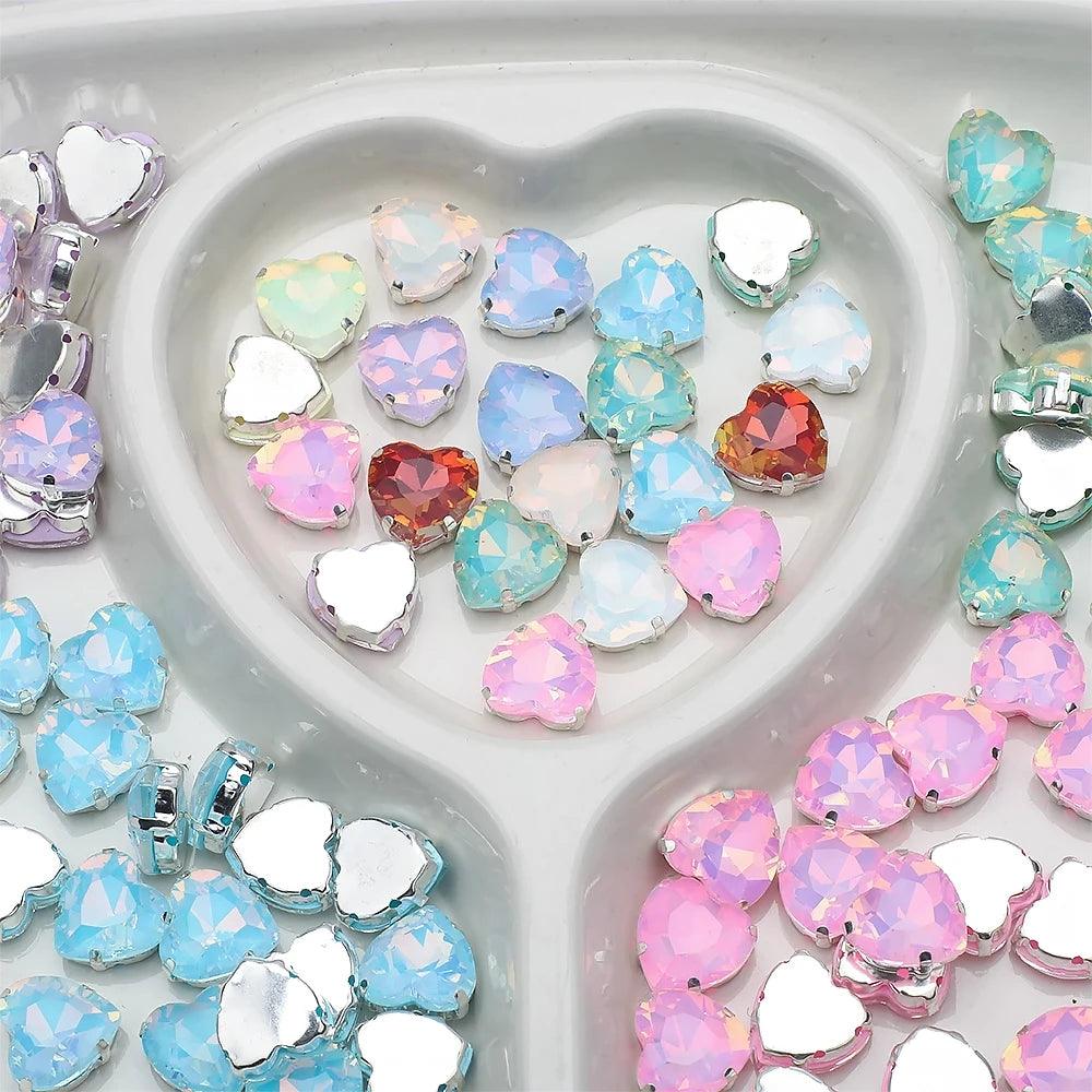 10Pcs 14mm Crystal Glass Love Heart Beads Glitter Flatback Silver Claw Rhinestone Crafts Jewelry DIY Making Garment Accessories