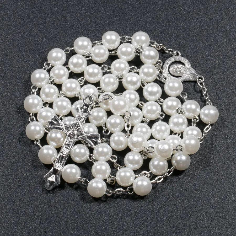 New Religion Christian Faux pearl Rosary Necklace For Women Virgin Mary Jesus Cross Pendant Long Beads Chains Fashion Jewelry