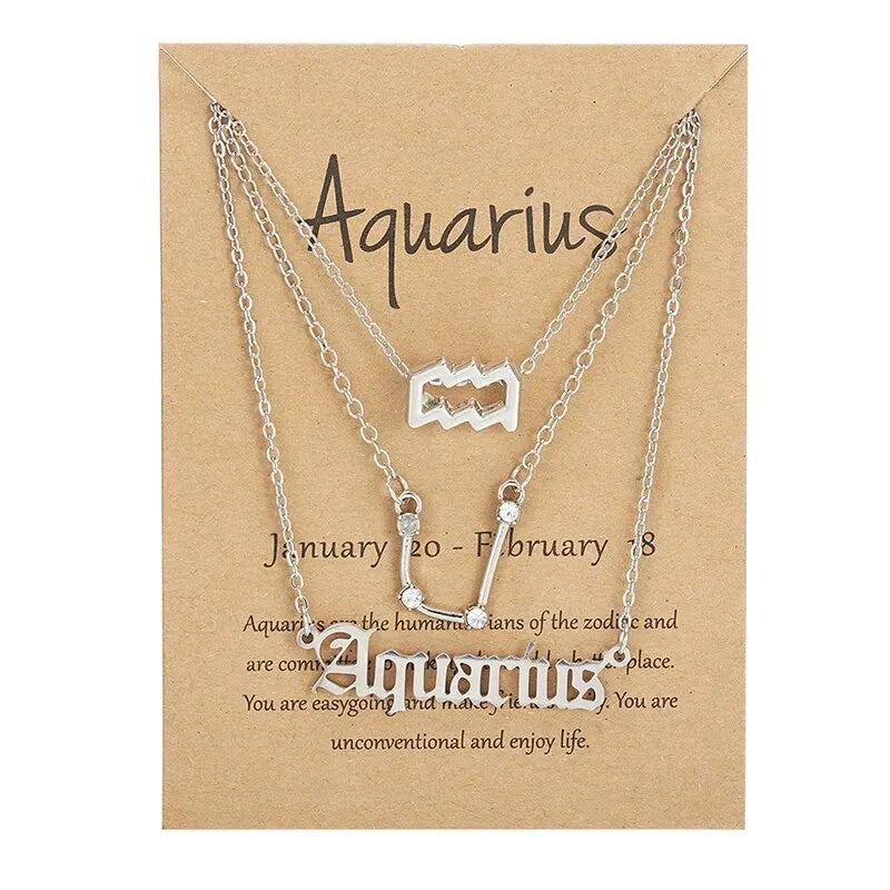 3Pcs 12 Zodiac Sign Necklace Set For Women Constellation Pendant Gold Silver Color Chain Female Birthday Jewelry With Cardboard