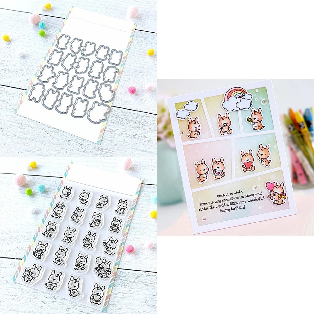 Mini Panda Bunny Koala Animal Outline Metal Cutting Dies Clear Stamps for DIY Easter Day Decor Paper Cards