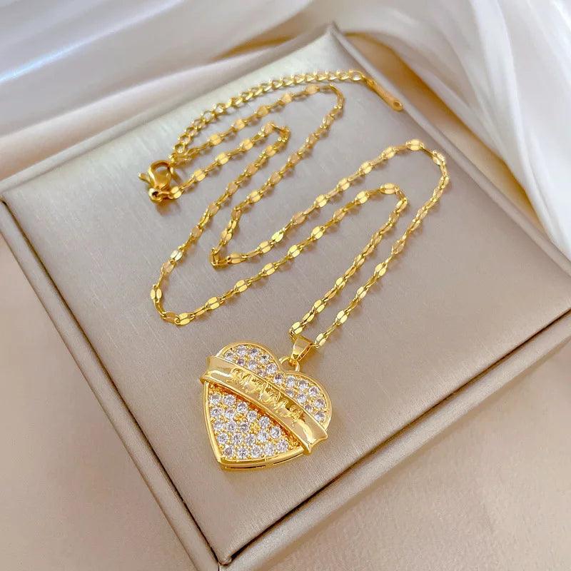 Trendy Heart Butterfly Stainless Steel Pendant Necklaces For Women Girls Mother Gold Color Metal Crystal Jewelry Party Birthday