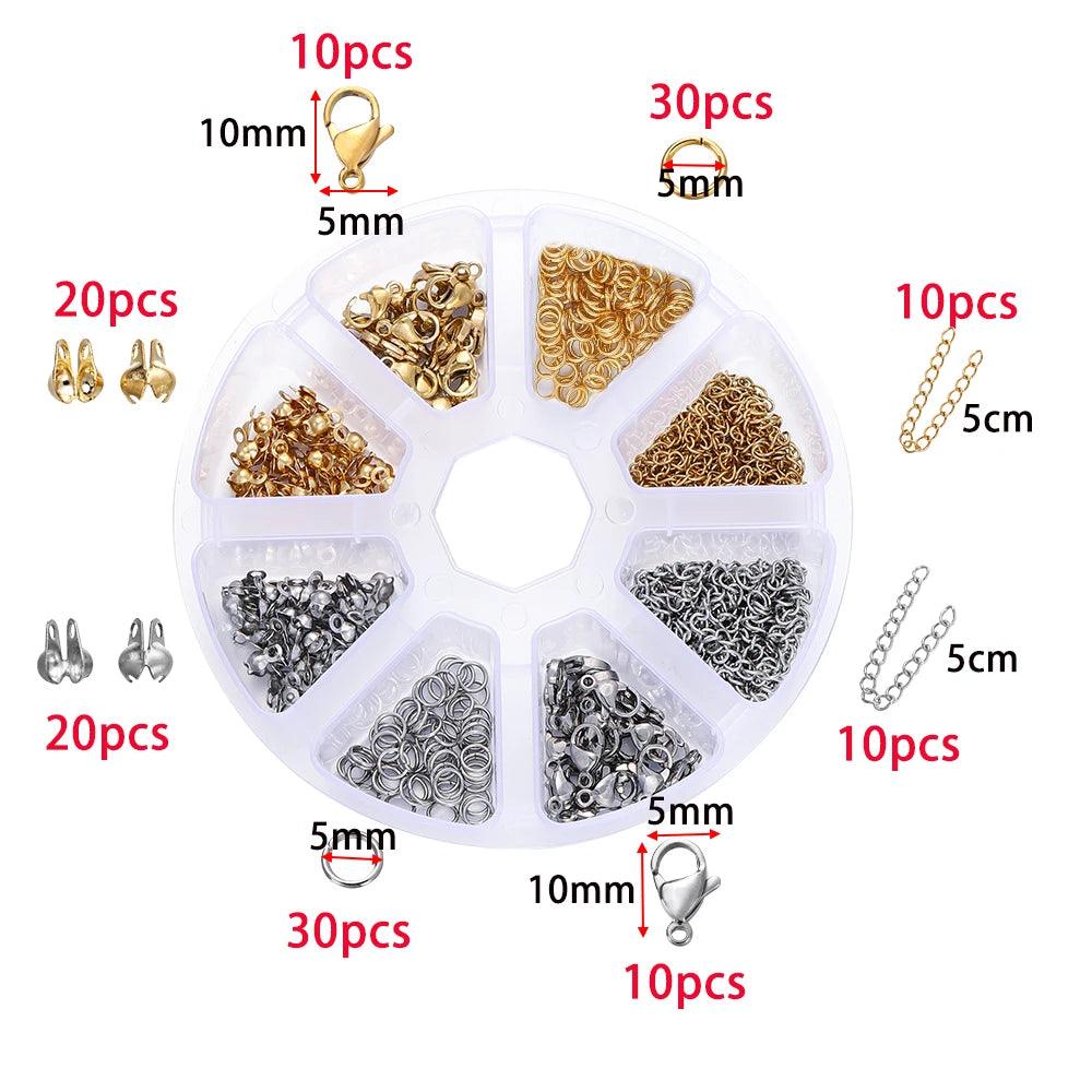 1Box Stainless Steel Lobster Clasps Open Jump Rings Crimp Beads Caps Set For Diy Bracelet Necklace  Jewelry Making Making Kits