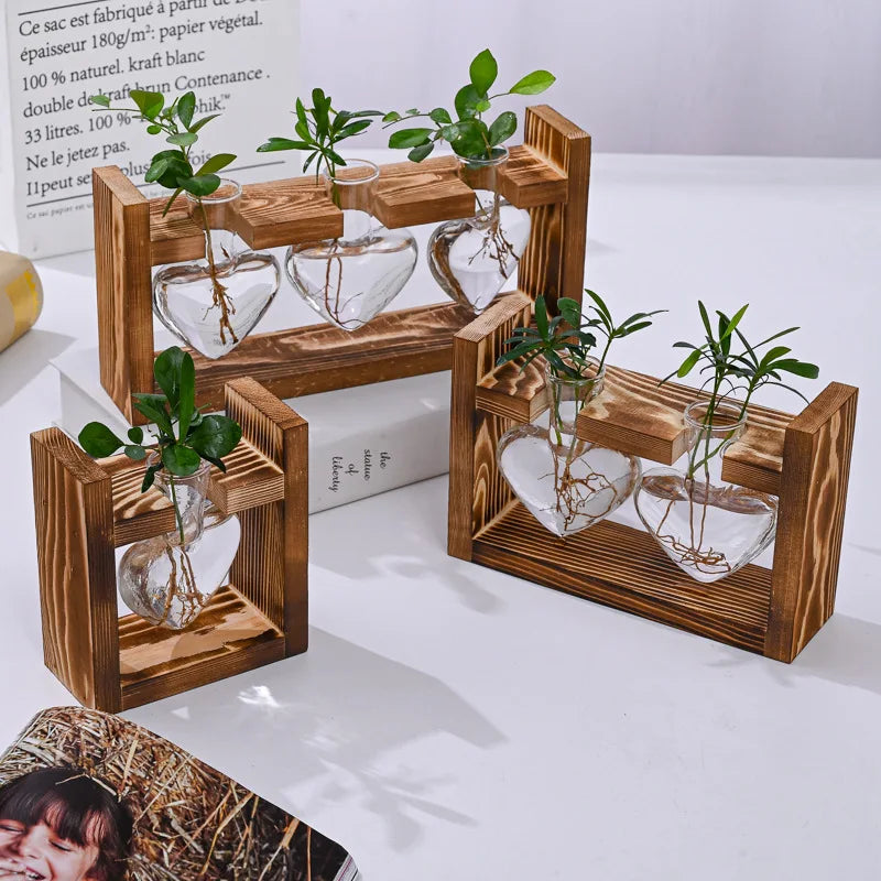 1pc Transparent Glass Vase With Wooden Frame, Heart-shaped Glass Vase For Hydroponic Plant Propagation, Air Plant Vase For Home