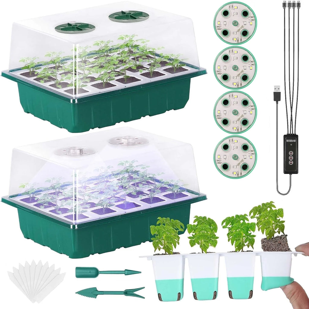 Seed Starter Tray with Grow Light, 2 Packs Seed Starter Kit with 20 split-type silicone cells, adjustable brightness