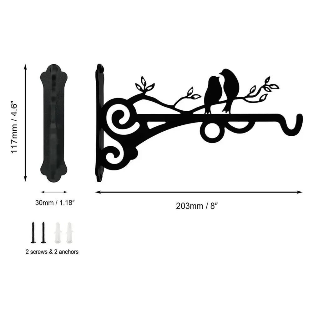 Bird Pattern Flower Basket Holder Wall Mounted Metal Bracket Hanger Rustic Style Wide Base for Outdoor Indoor Garden Yard Street