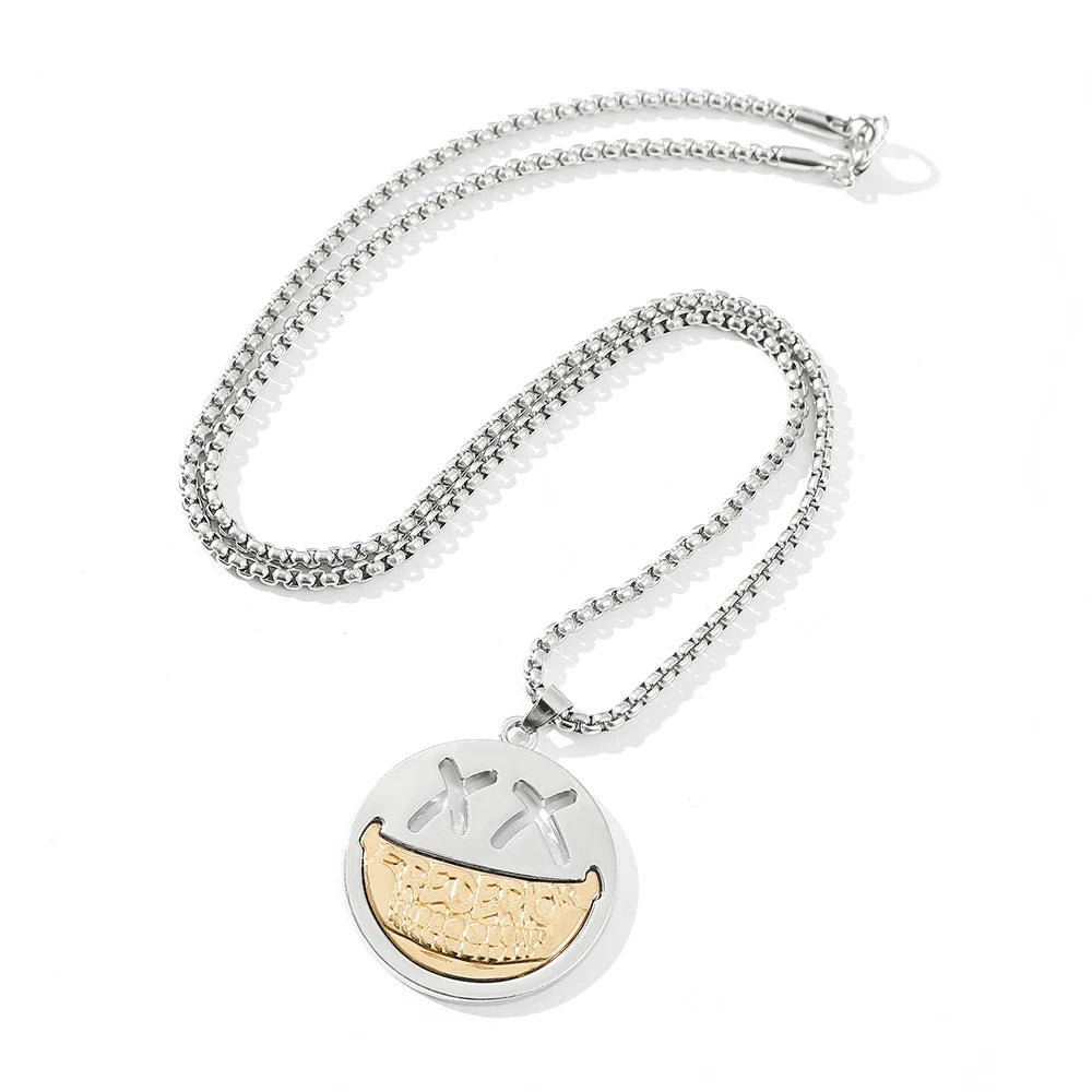 Titanium Steel Round Smiley Face Pendant Necklace Korean Style Long Sweater Chain Unisex Trendy Hip Hop Jewelry Accessories