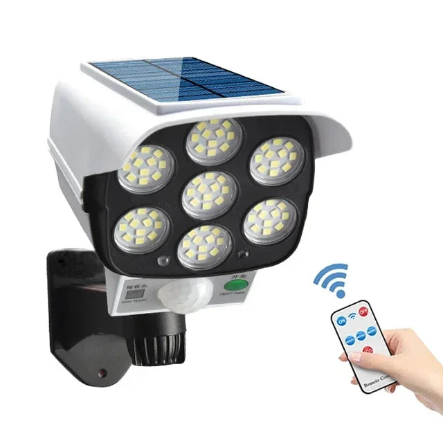 77LED Solar Light with Remote Control 3 Lighting Modes Dummy Camera Waterproof Spotlight Garage Courtyard Security Street Light