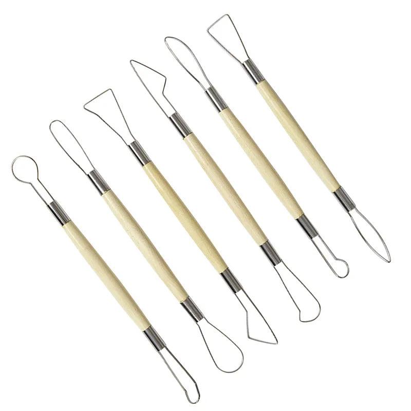 6Pcs Carving Knife Double Headed With Steel Wire Wooden Handle Stainless Steel Clay Carving Knife Pottery Tools Handmade Items