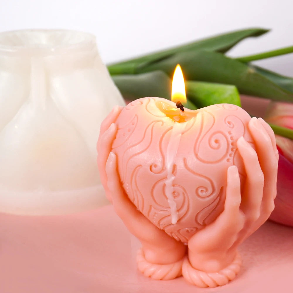 3D Hand Hold Love Candle Silicone Mold DIY Handmade Valentine's Decor Heart Relief Pattern Craft Making Plaster Chocolate Molds