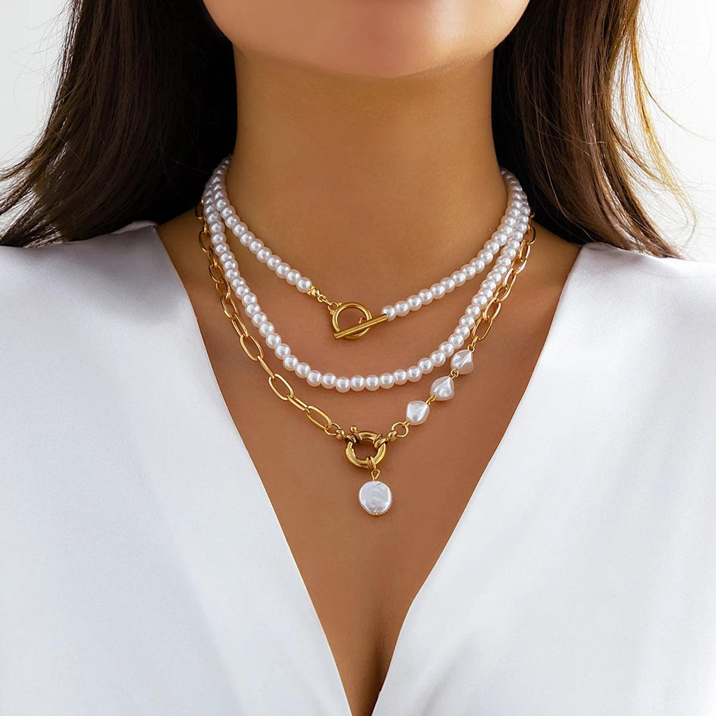 Ingemark Multilayer Imitation Pearl OT Buckle Pendant Necklace Women Wed Bridal Goth Bead Chain Y2K Accessories Neck Jewelry