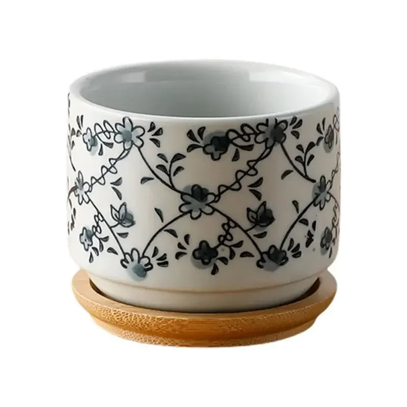 Flower Pot with Bamboo Tray Japanese Style Ceramic Lot Mini Cement Succulent   Bonsai Planter Garden Decor Office Home Plant