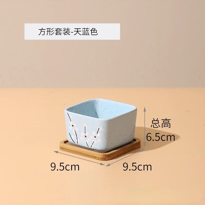 Flower Pot with Bamboo Tray Japanese Style Ceramic Lot Mini Cement Succulent   Bonsai Planter Garden Decor Office Home Plant