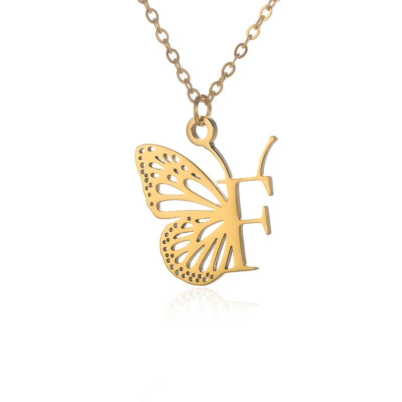 A-Z Initial Letter Collar Butterfly Necklace For Women Butterfly Jewelry Stainless Steel Alphabet Choker Necklace Female Gift