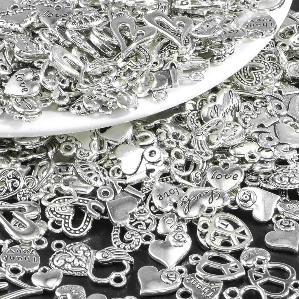 50pcs Antique Silver Love Heart Charm Alloy Tibetan Style Random Mixed Heart Charm Valentine's Day Jewelry Heart Charm Pendant