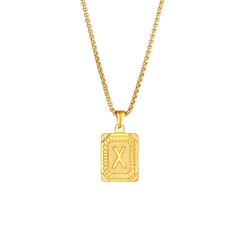 2023 New Stylish Square Pendant Necklace Men's Stainless Steel Gold Plated Letter Necklace Initial Necklace For Women