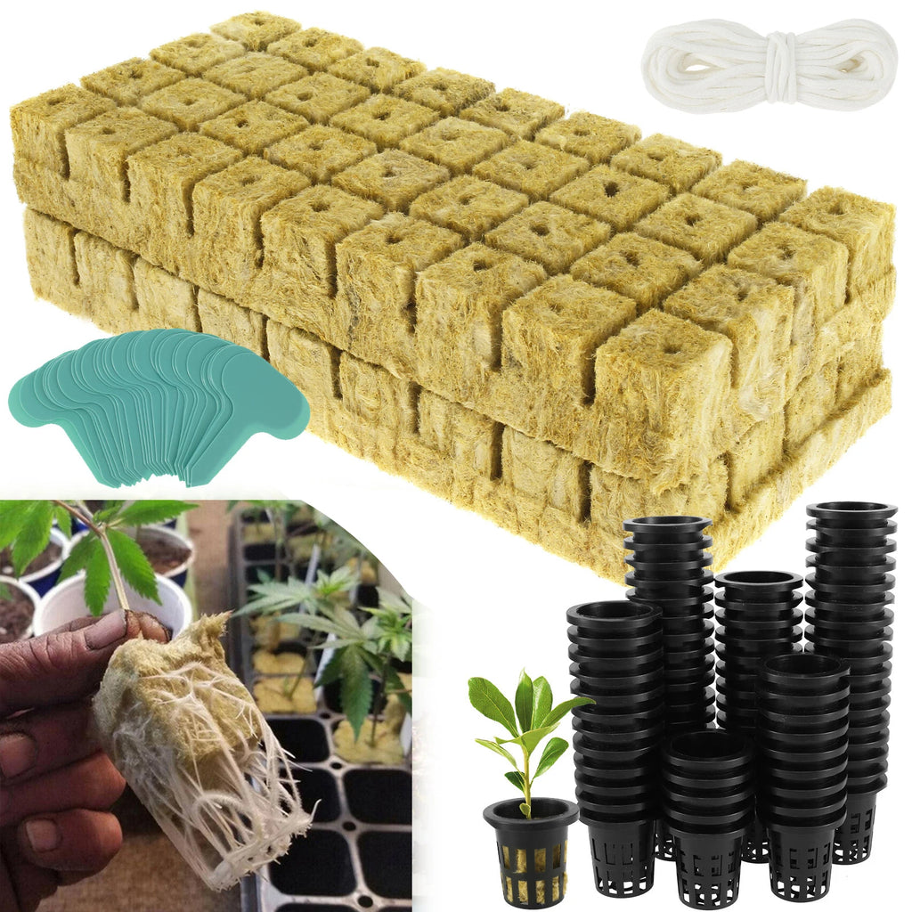 72 Set Rock wool Cubes for Hydroponics 1.5inch Rock Wool Planting Cubes Absorption Hydroponics Mesh Net Cup Kit for Home