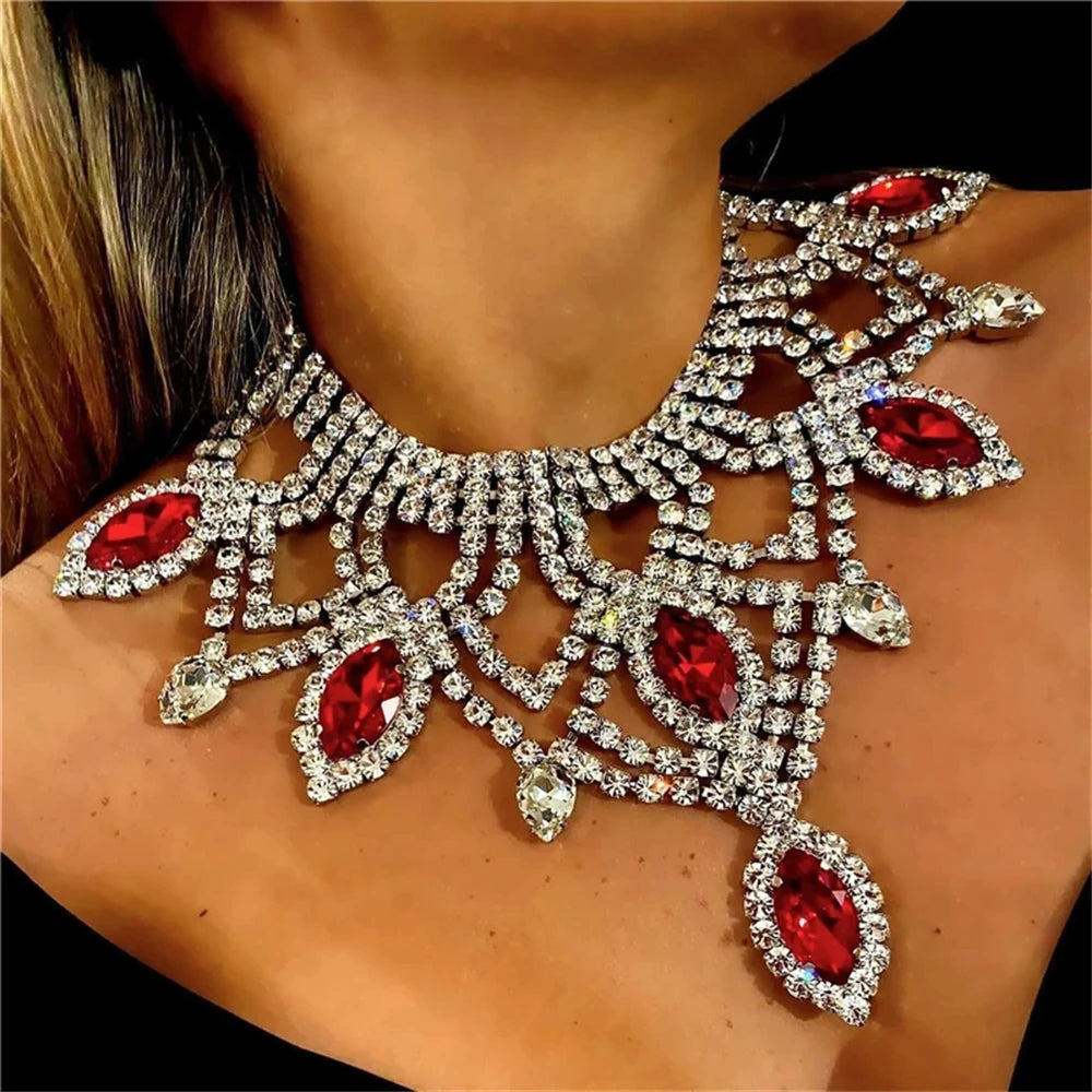 Exaggerated AB Crystal Pendant Large Necklace Women's Luxury Shiny Bridal Wedding Party Rhinestone Jewelry Necklace Accessories