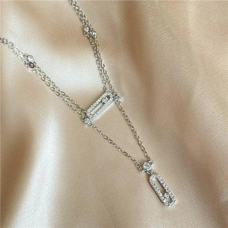 Luxury Silver-color AAA Zircon Choker Two-Layers Necklace Simple Shiny Pendants For Women Fine Jewelry