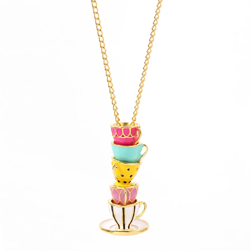 New Hand Made Rope Chain Clothing Accessories Long Necklace Enamel Jewelry Tea Cup Necklace Pendant Woman