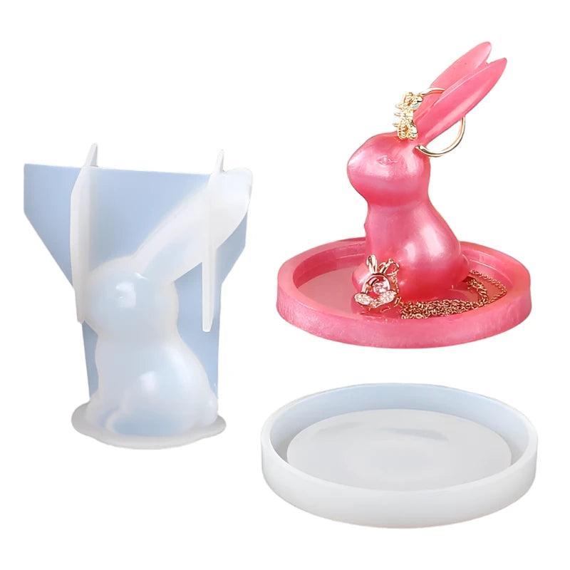 2Pcs 3D Bunny Ring Holder Silicone Epoxy Resin Molds Rabbit Jewelry Storage Display DIY Art Craft Ornament Casting Home Decor