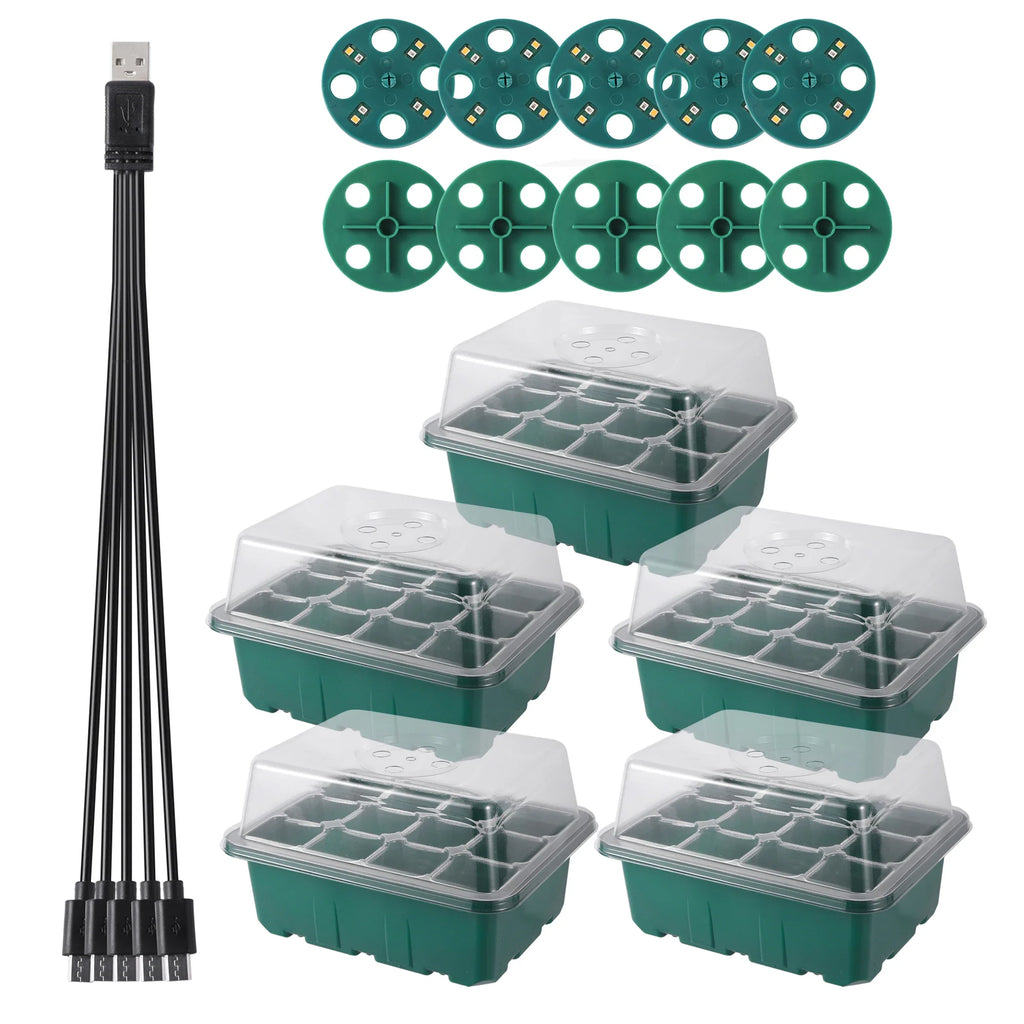 Seed Starter Tray Box with Adjustable Ventilation & Humidity  6/12  Cells + LED Grow Light for Nursery Pot Seedling Germination