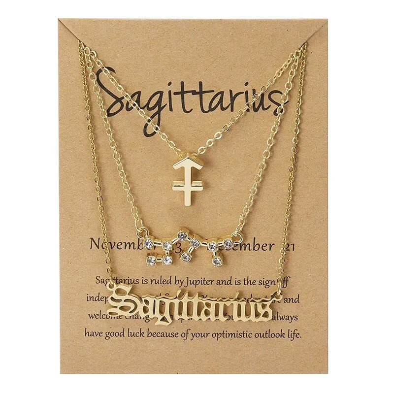 3Pcs 12 Zodiac Sign Necklace Set For Women Constellation Pendant Gold Silver Color Chain Female Birthday Jewelry With Cardboard