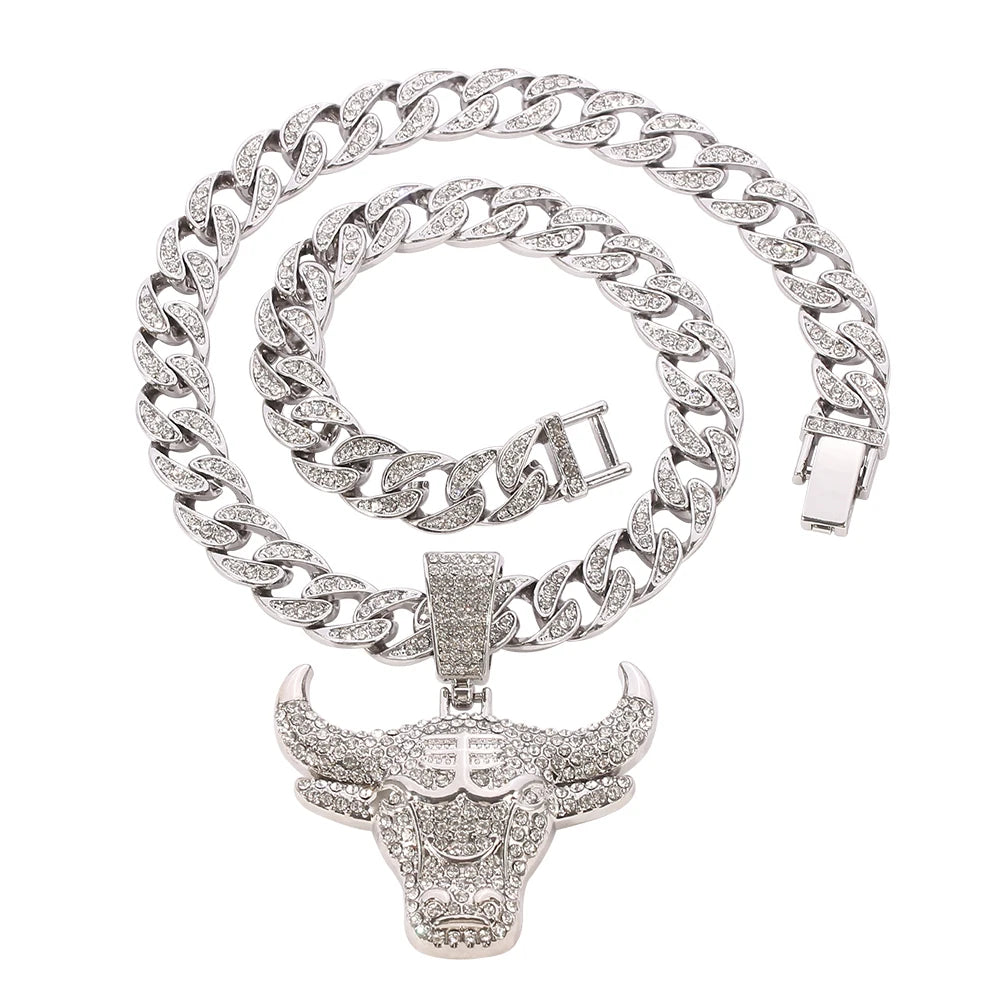 Hip Hop Head Of An Ox Pendant Necklace Gold Silver Colour Rhinestone Cuban Link Chain Men Women  Jewelry Gift