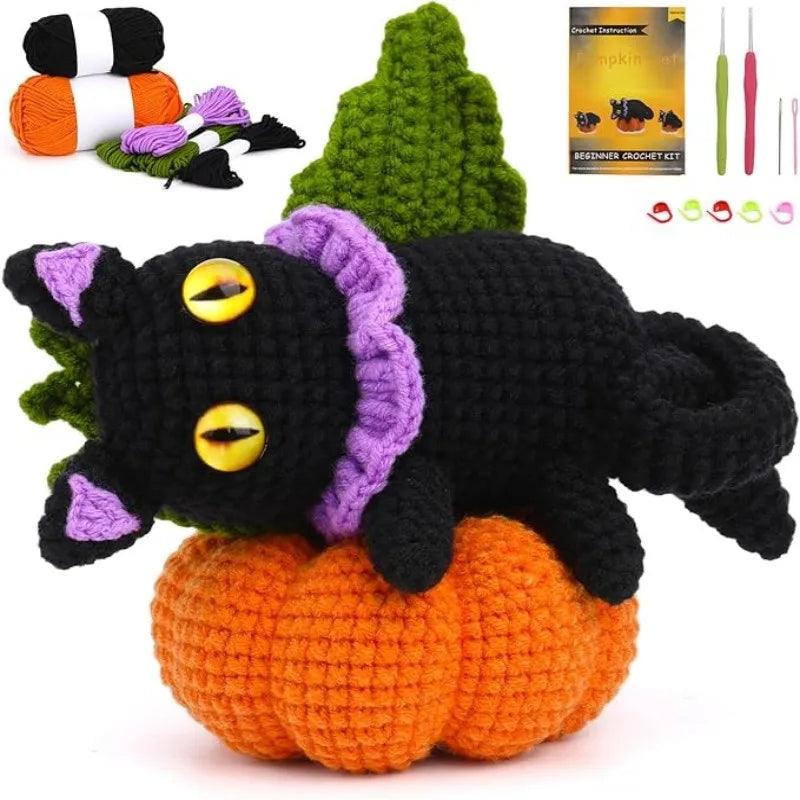 MIUSIE Crochet Kit for Beginners,Halloween Series Crocheting Cartoon Pumpkin Black Cat Kits with Video Tutorials,DIY Present