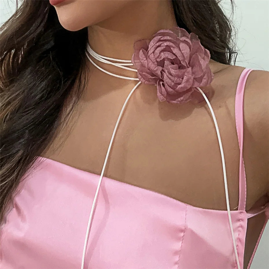 Ingemark Exaggerated Big Rose Flower Choker Necklace for Women Wed Bridal Goth Kpop Adjustable Bowknot Chain Y2K Accessories New