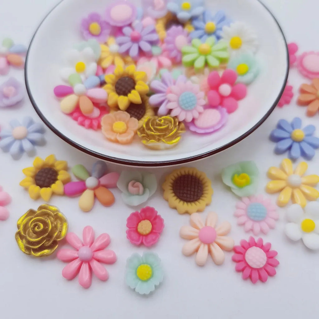 20pcs Resin Rose Camellia Daisy Flowers Flatbacks Cabochons Sunflower Charms DIY Crafts For Easter Card Decoration Scrapbooking