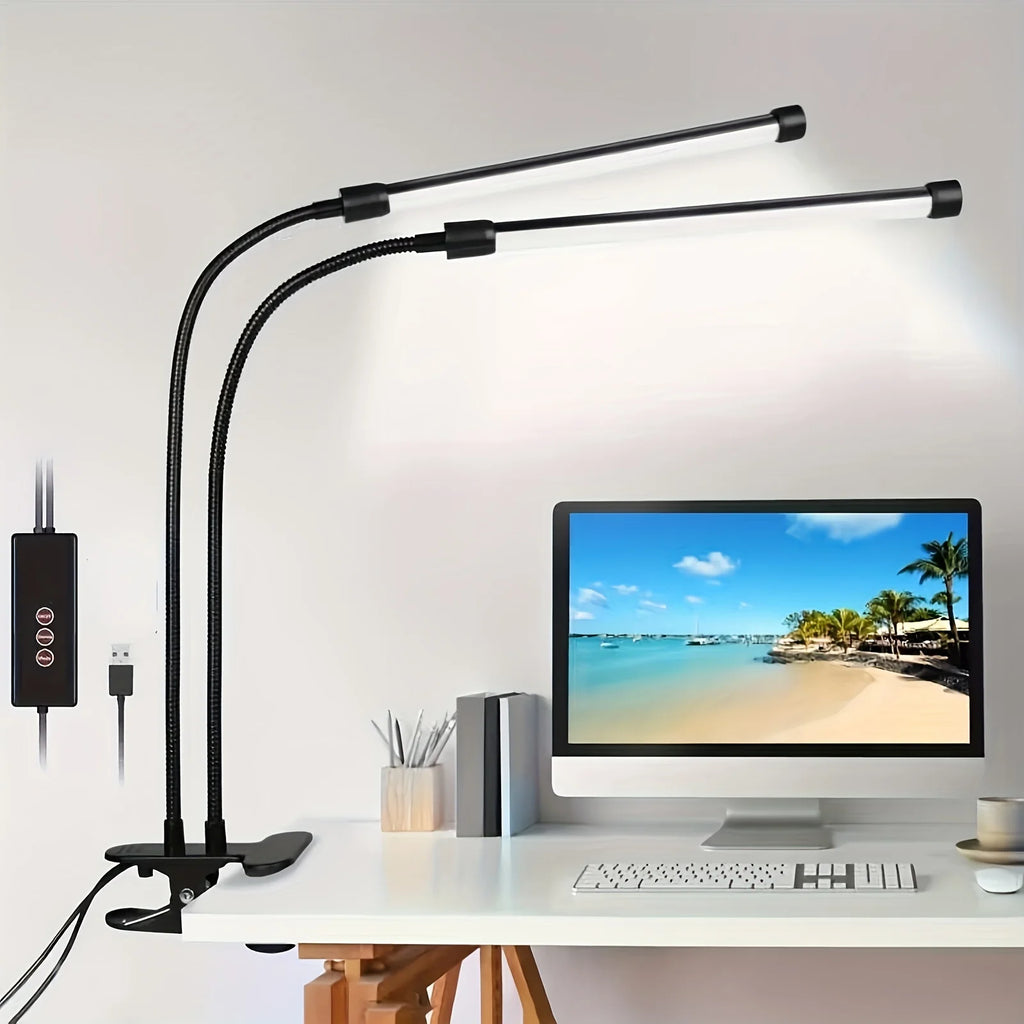 Clip-on Dual-head Study Lamp with 3/6/12-hr Timer, 3 Light Modes, 5 Brightness Settings-perfect for Reading, Drawing, and Music