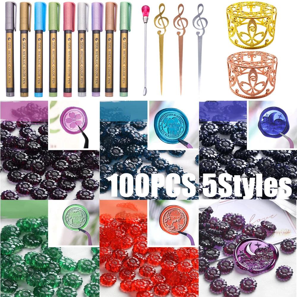 100PCS Wax DIY Envelope Letter Wedding Invitation Retro Sunflower Wax Seal Colorful Wax Beads Scrapbooking Sealing Stamp - Winord
